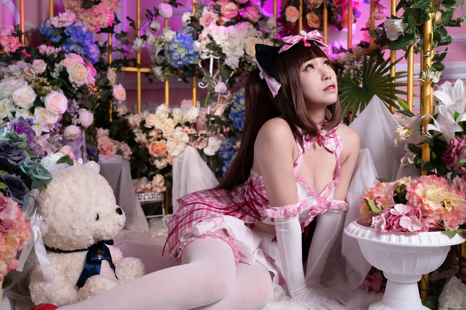 【Chocola cosplay】NEKOPARA's Sweetheart: Pink & White Plaid Dress with White Tights and Red Heels - Image 8