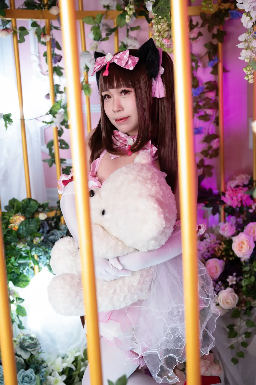 【Chocola cosplay】NEKOPARA's Sweetheart: Pink & White Plaid Dress with White Tights and Red Heels - Image 9