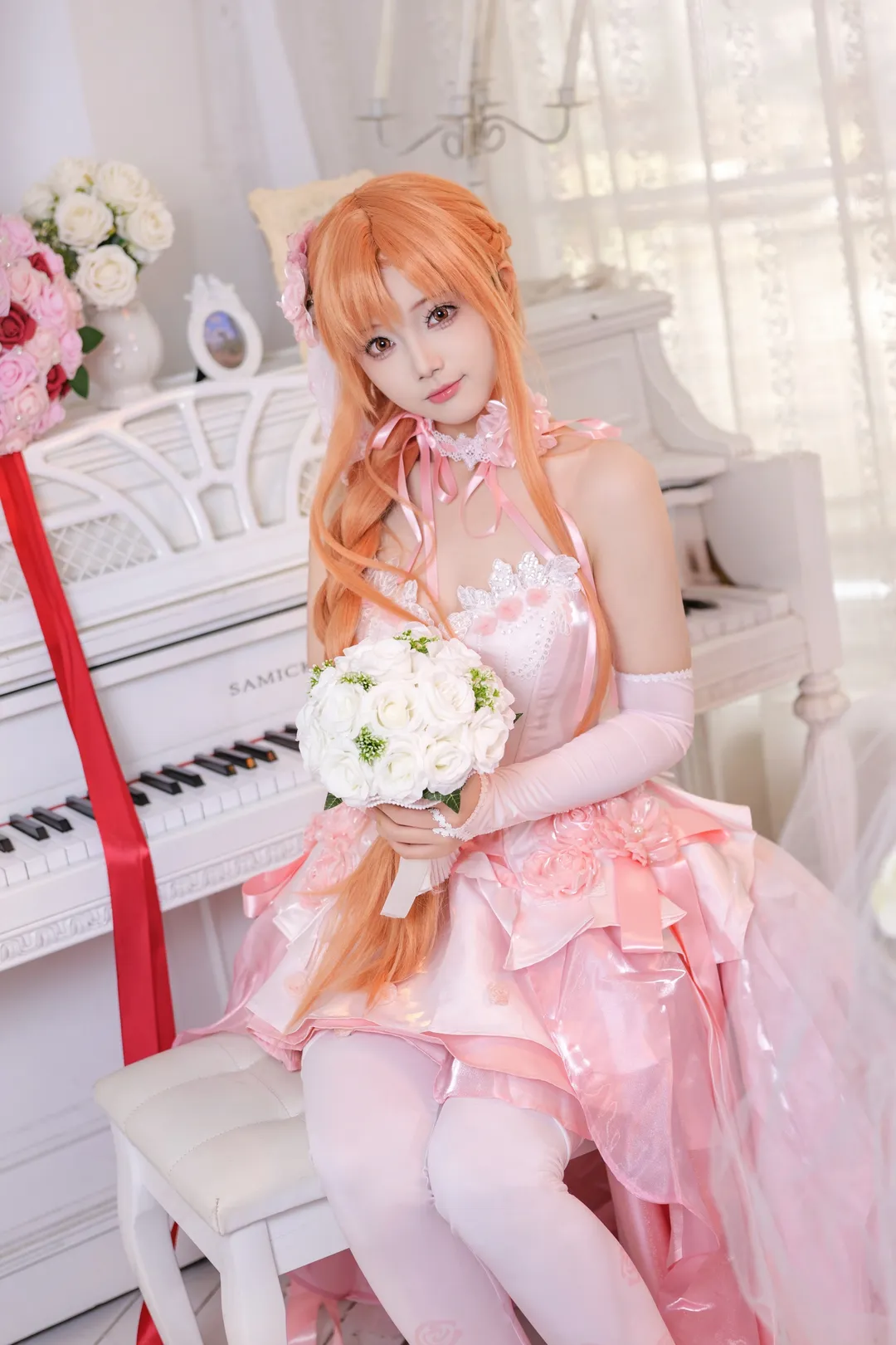 【亚丝娜cos】刀剑神域花嫁正片预告，粉色白丝的优雅瞬间 - 第 1 张