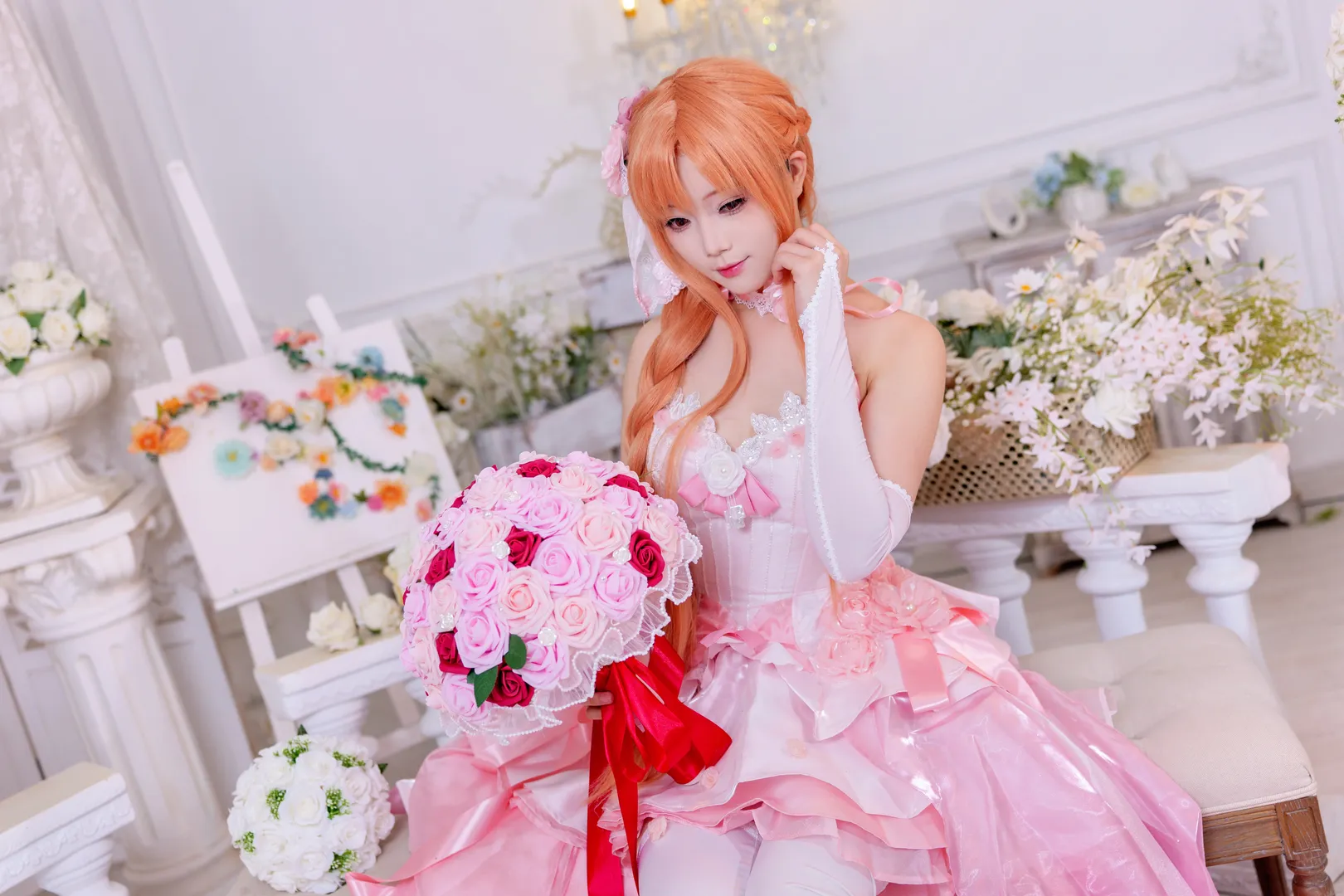 【亚丝娜cos】刀剑神域花嫁正片预告，粉色白丝的优雅瞬间 - 第 3 张