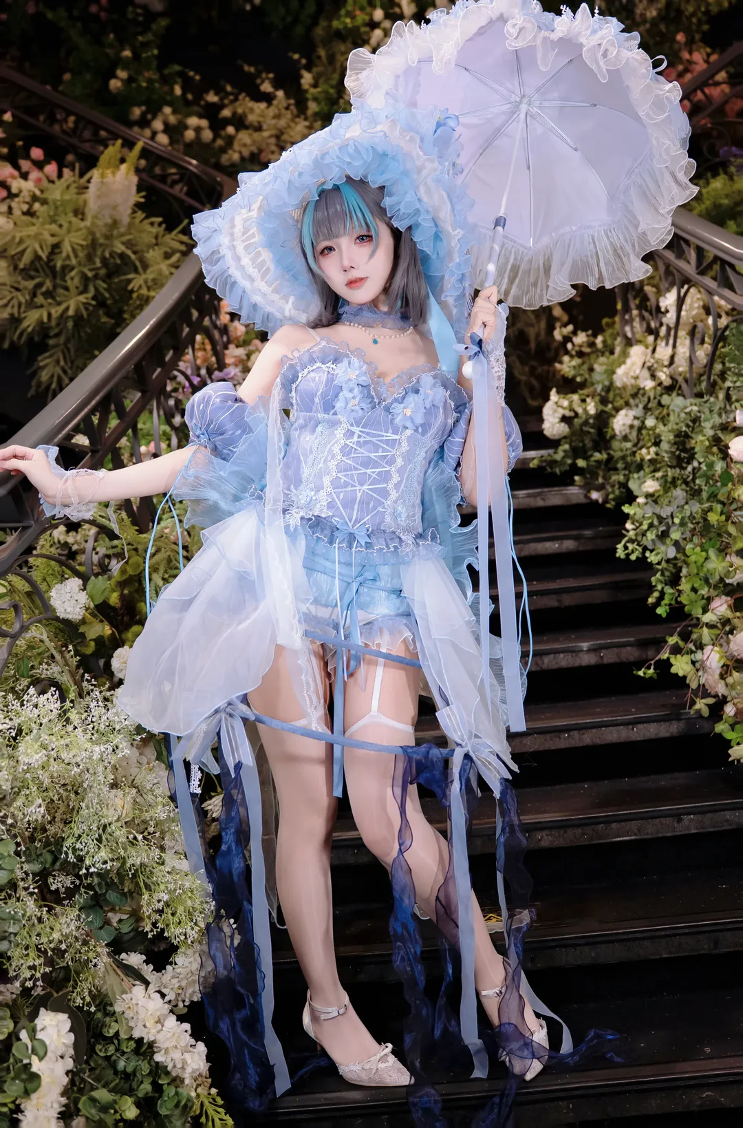 【柴郡cos】碧蓝航线柴郡花嫁，蓝白蕾丝与花园阶梯的浪漫碰撞 - 第 3 张