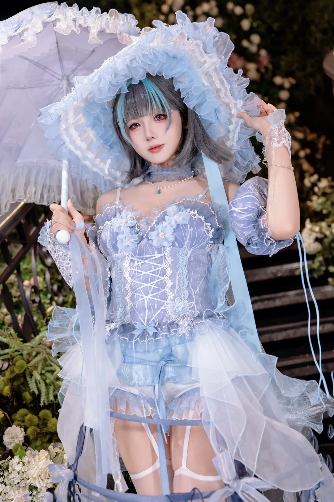 【柴郡cos】碧蓝航线柴郡花嫁，蓝白蕾丝与花园阶梯的浪漫碰撞 - 第 4 张