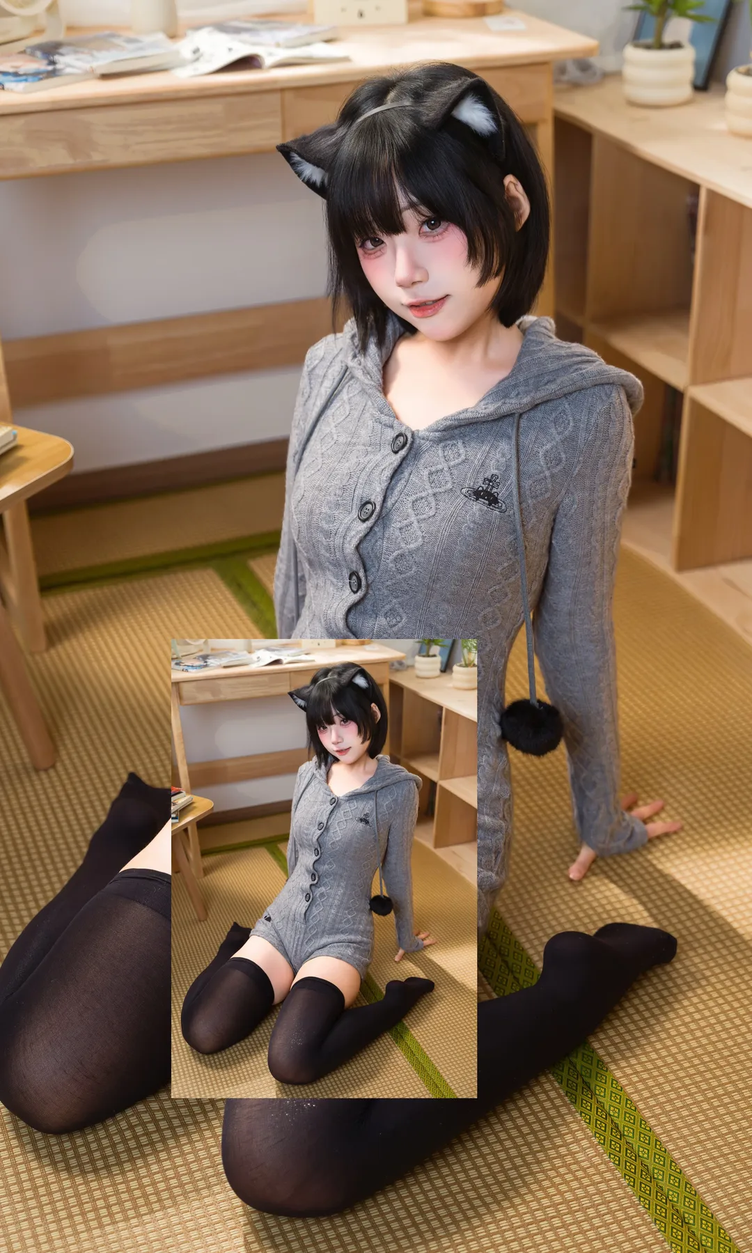 灰色针织猫耳连体衣写真分享 - 第 1 张