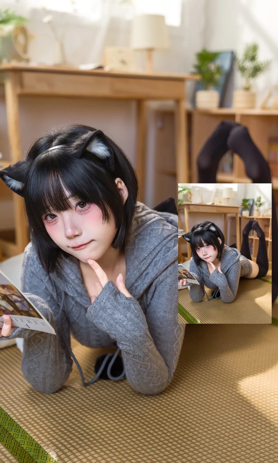 灰色针织猫耳连体衣写真分享 - 第 2 张