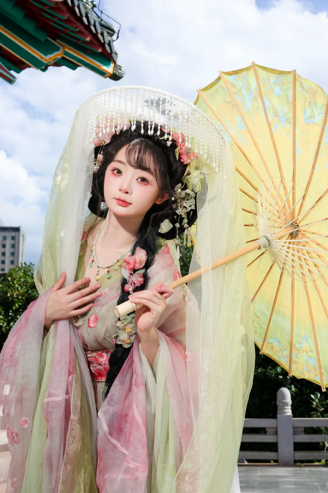 滕王阁古风花神妆造，粉绿轻纱汉服氛围感拉满 - 第 2 张
