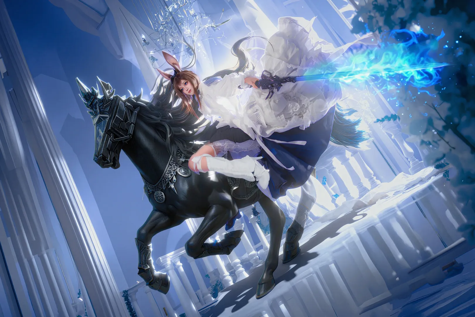 【阿米娅cos】明日方舟兔耳少女化身黑马骑士，白色圣殿里的幽蓝魔法 - 第 1 张