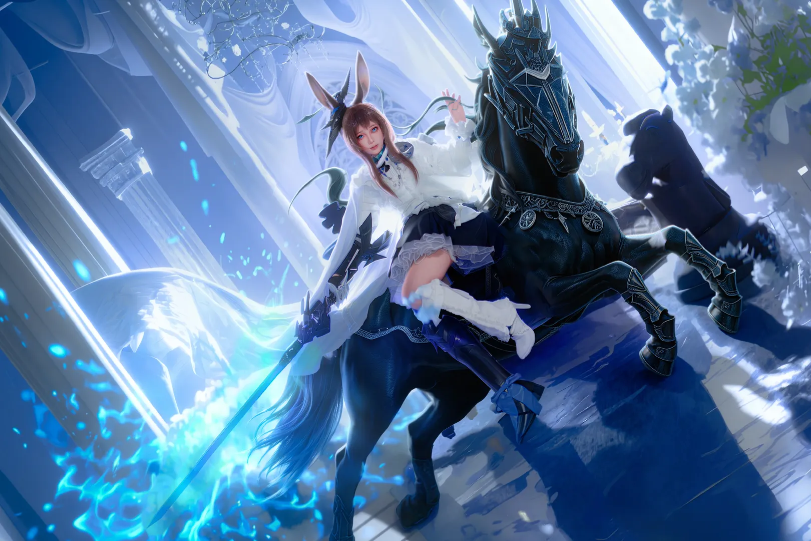 【阿米娅cos】明日方舟兔耳少女化身黑马骑士，白色圣殿里的幽蓝魔法 - 第 2 张