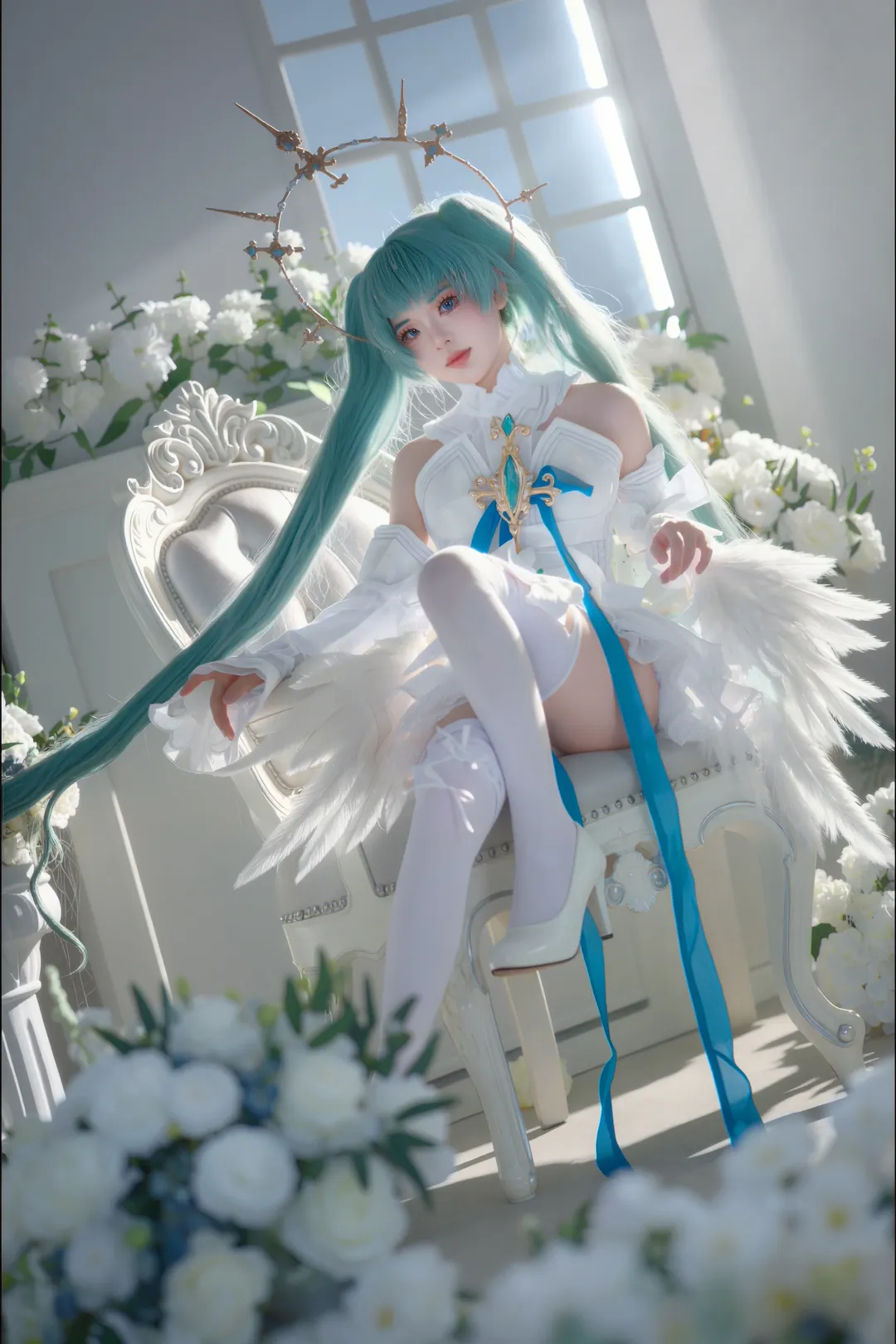 【初音未来cos】天使初音，白翼与蓝丝带的圣洁感 - 第 4 张