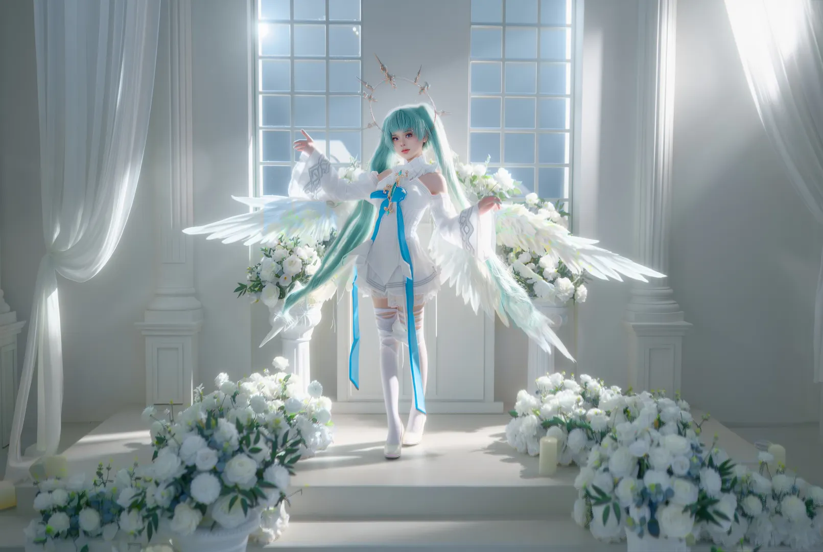 【初音未来cos】天使初音，白翼与蓝丝带的圣洁感 - 第 5 张