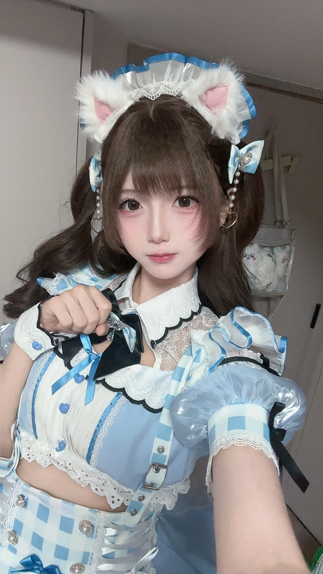 蓝色格纹猫耳女仆装，这套搭配太适合室内拍了 - 第 2 张