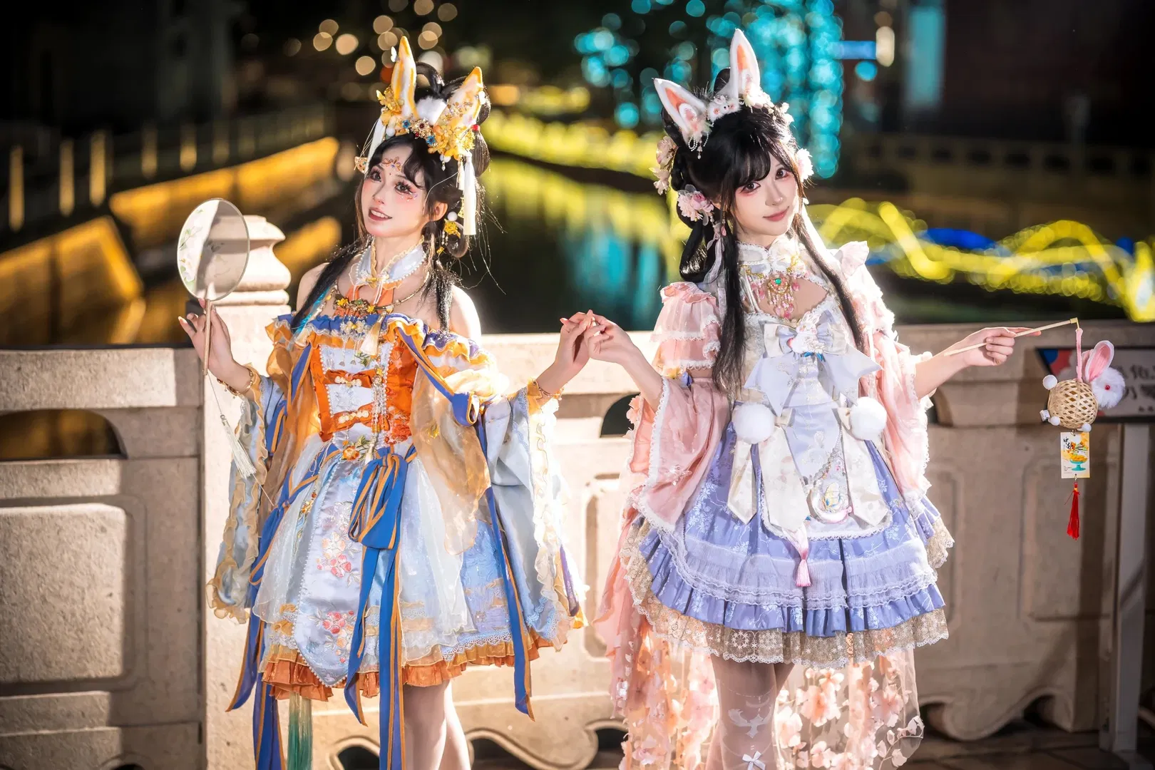 中秋玉兔主题双人写真，国风洛丽塔的夜景碰撞 - 第 4 张