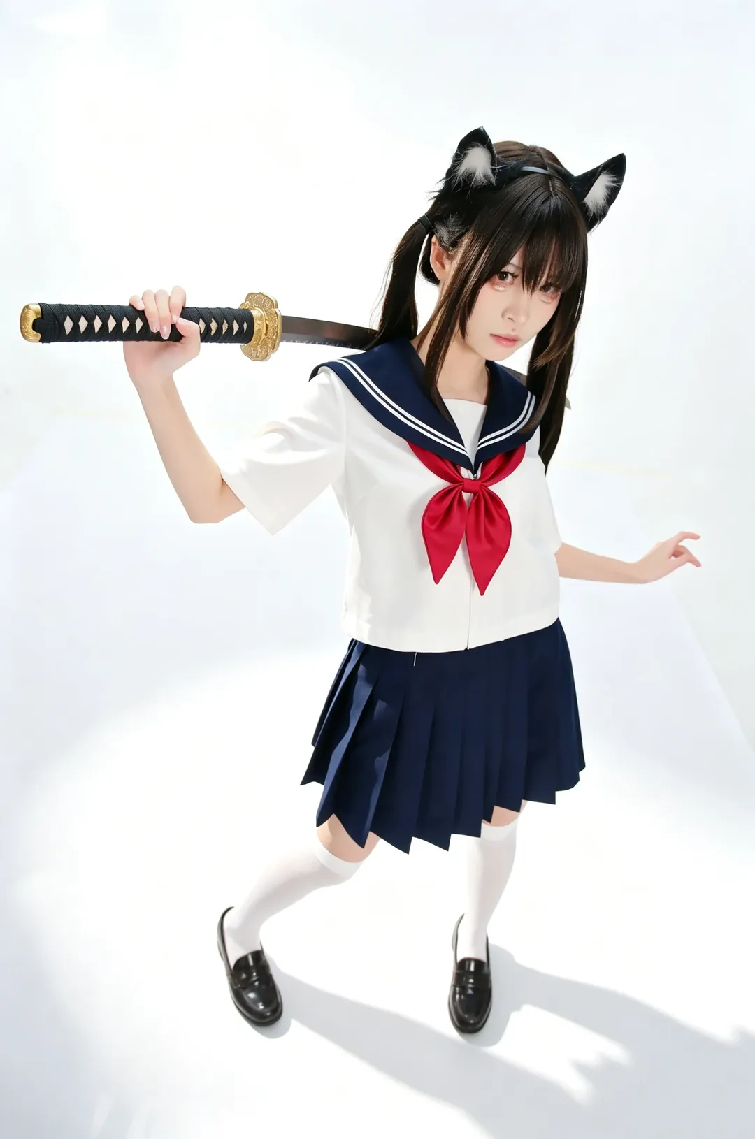 白棚里的JK猫耳双刀写真，甜酷反差感拉满 - 第 9 张