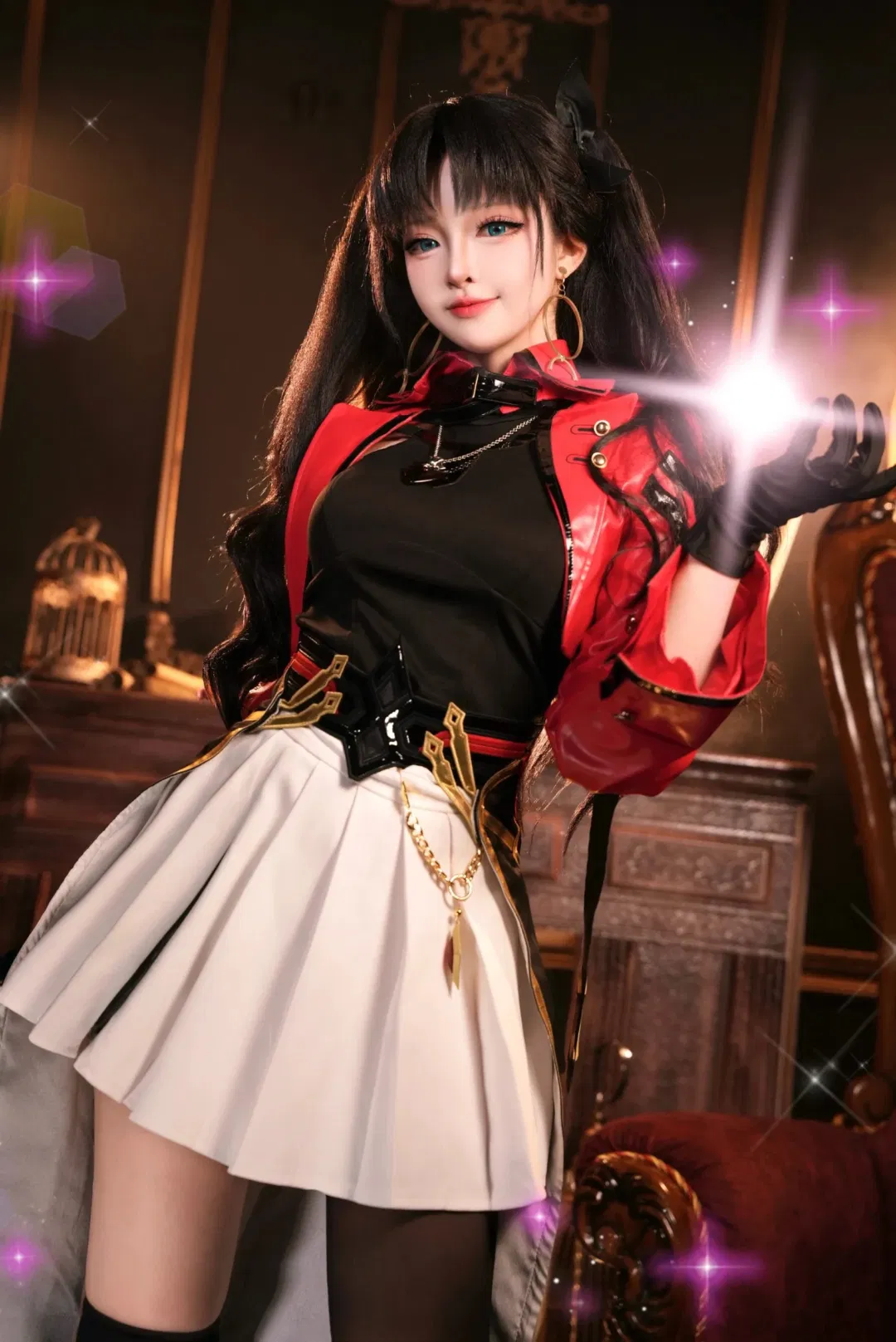 【远坂凛cos】红黑皮衣与双马尾的复古氛围感拍摄 - 第 1 张