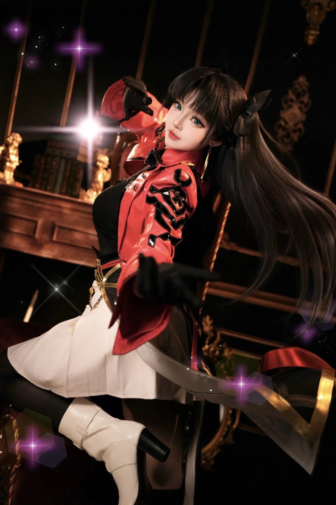 【远坂凛cos】红黑皮衣与双马尾的复古氛围感拍摄 - 第 2 张