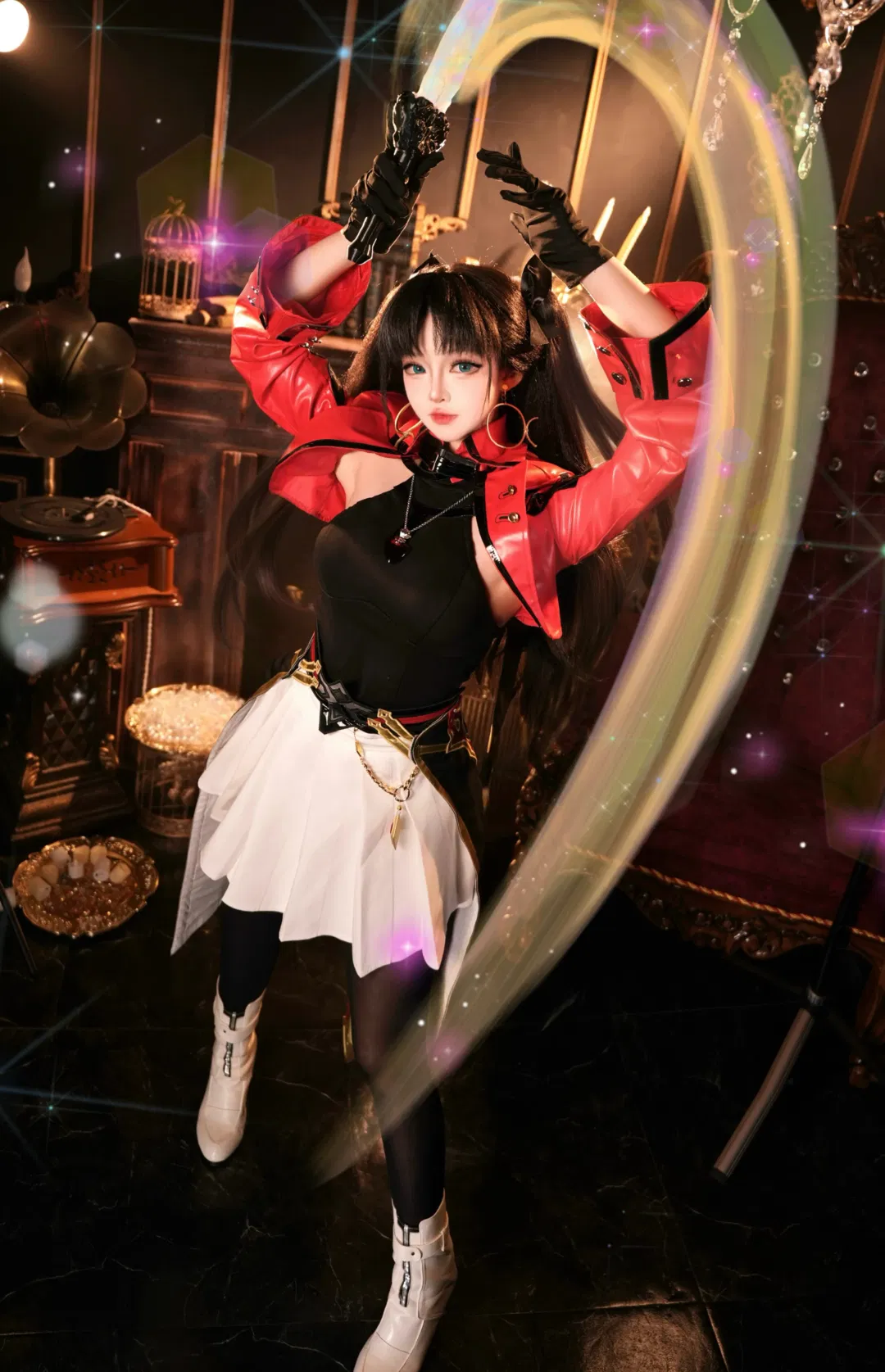 【远坂凛cos】红黑皮衣与双马尾的复古氛围感拍摄 - 第 3 张