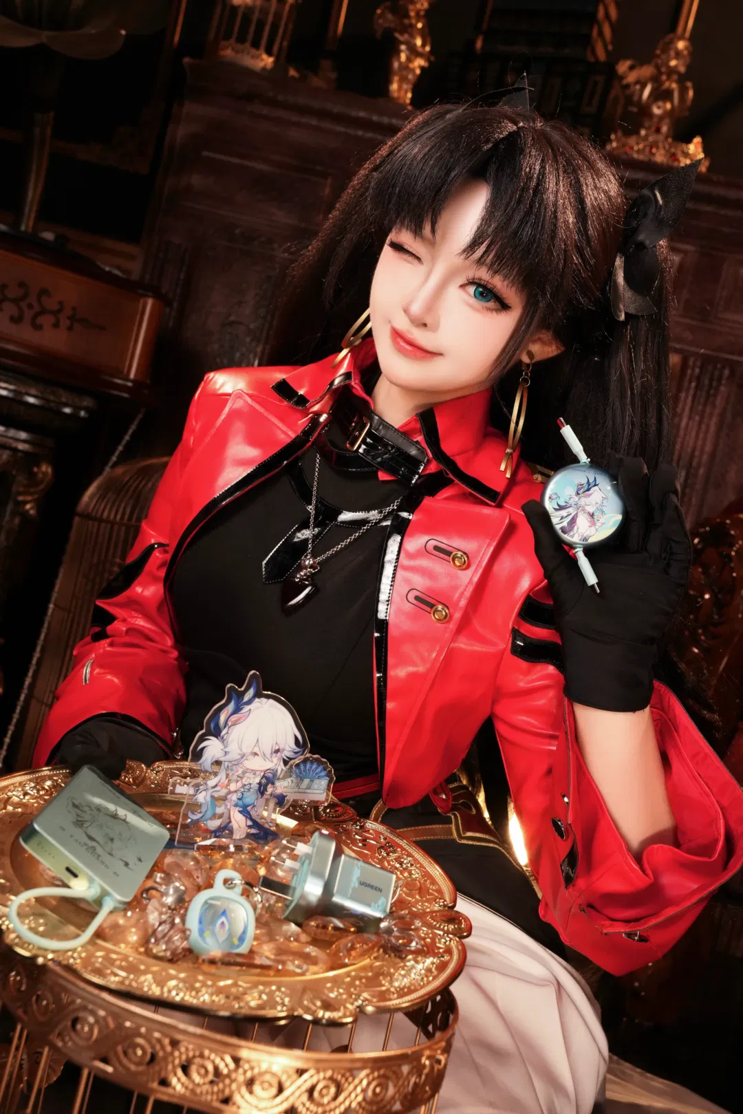 【远坂凛cos】红黑皮衣与双马尾的复古氛围感拍摄 - 第 4 张