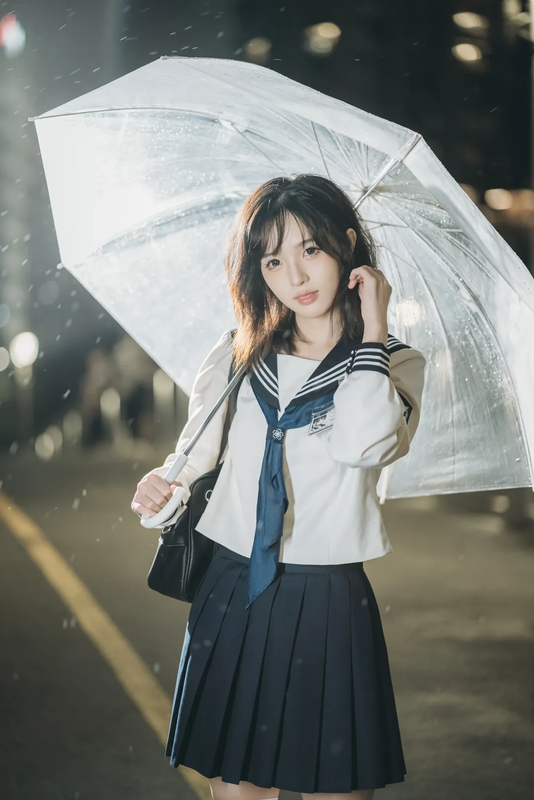 雨夜街头，这套JK制服与透明伞的夜景记录 - 第 7 张
