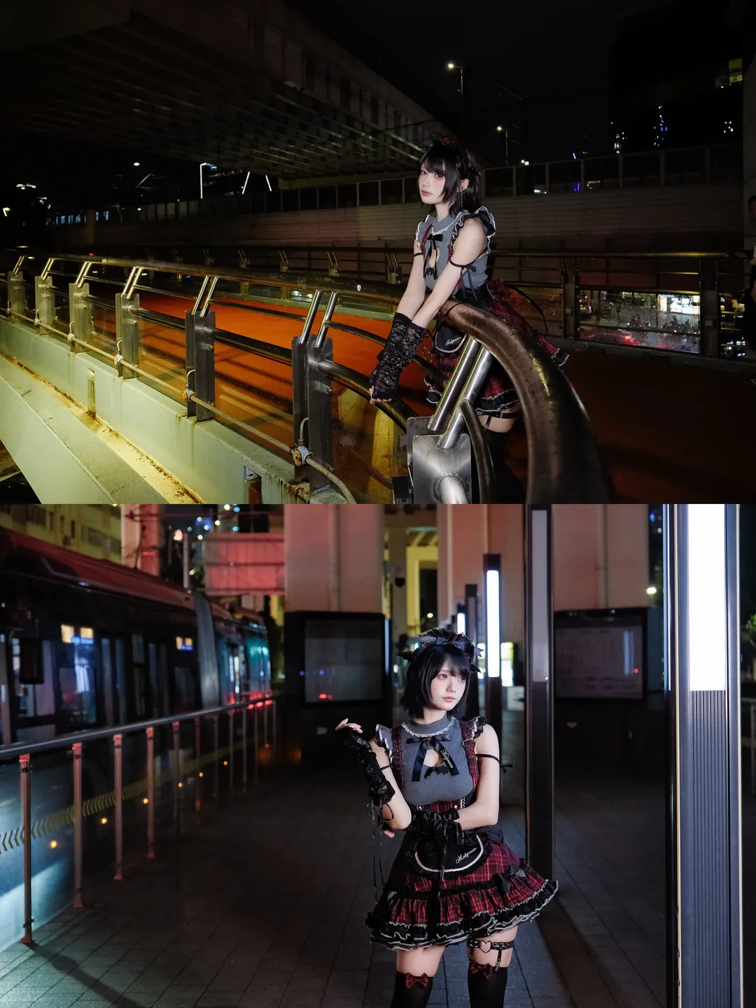 红黑格纹与雨后霓虹，夜景下的暗黑系氛围感穿搭 - 第 2 张
