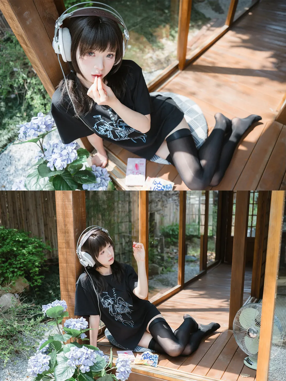 日式庭院里的慵懒夏日，黑T恤搭配白耳机与黑丝 - 第 2 张