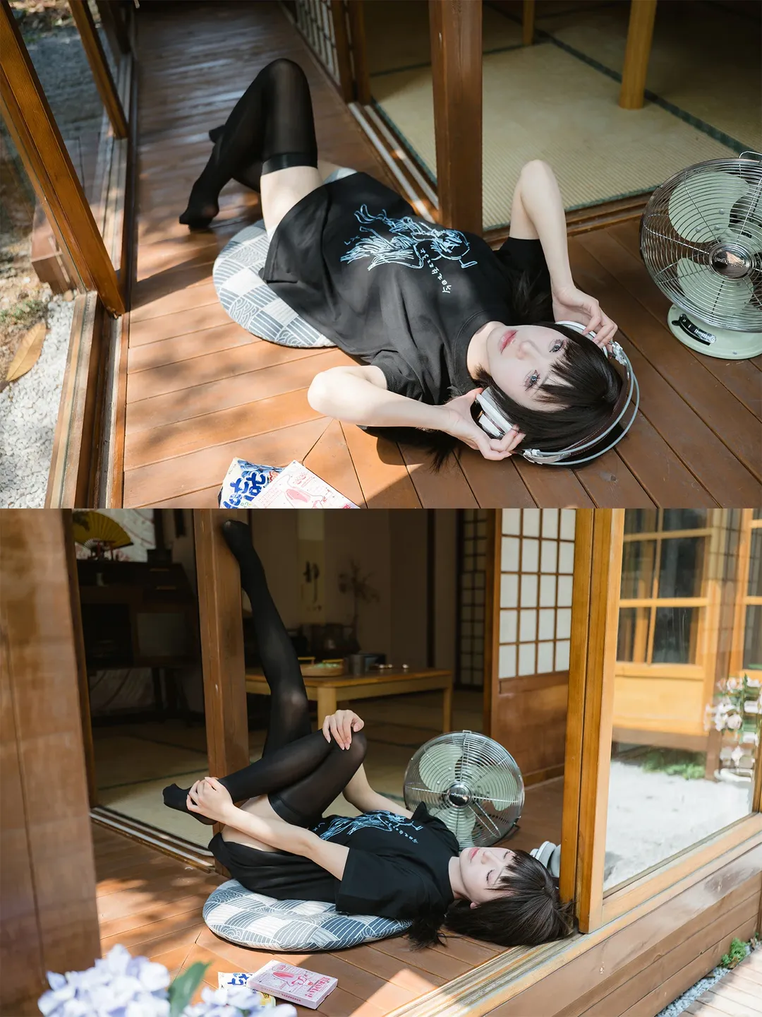 日式庭院里的慵懒夏日，黑T恤搭配白耳机与黑丝 - 第 4 张