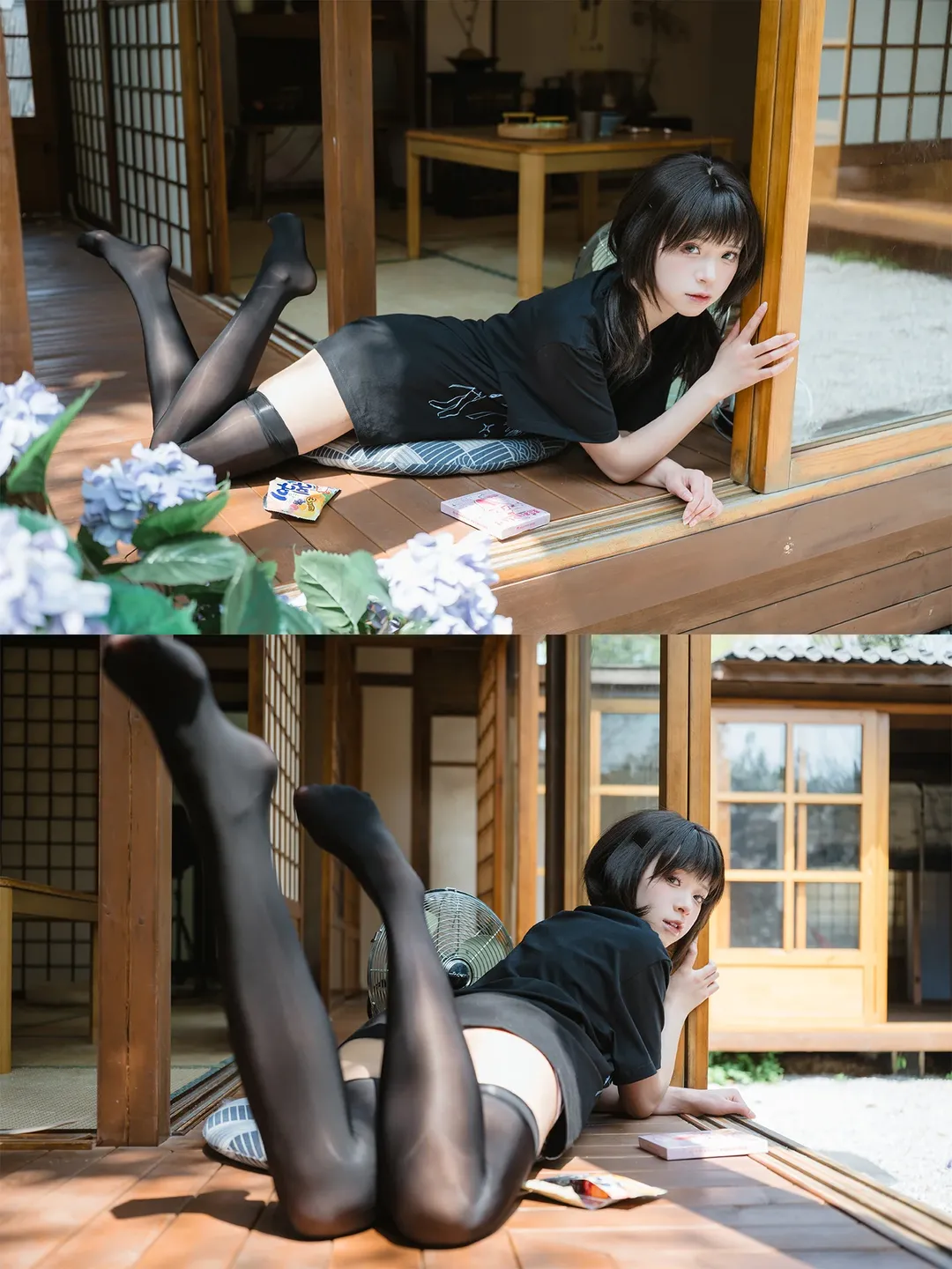 日系和风木屋里的黑T耳机少女 - 第 12 张