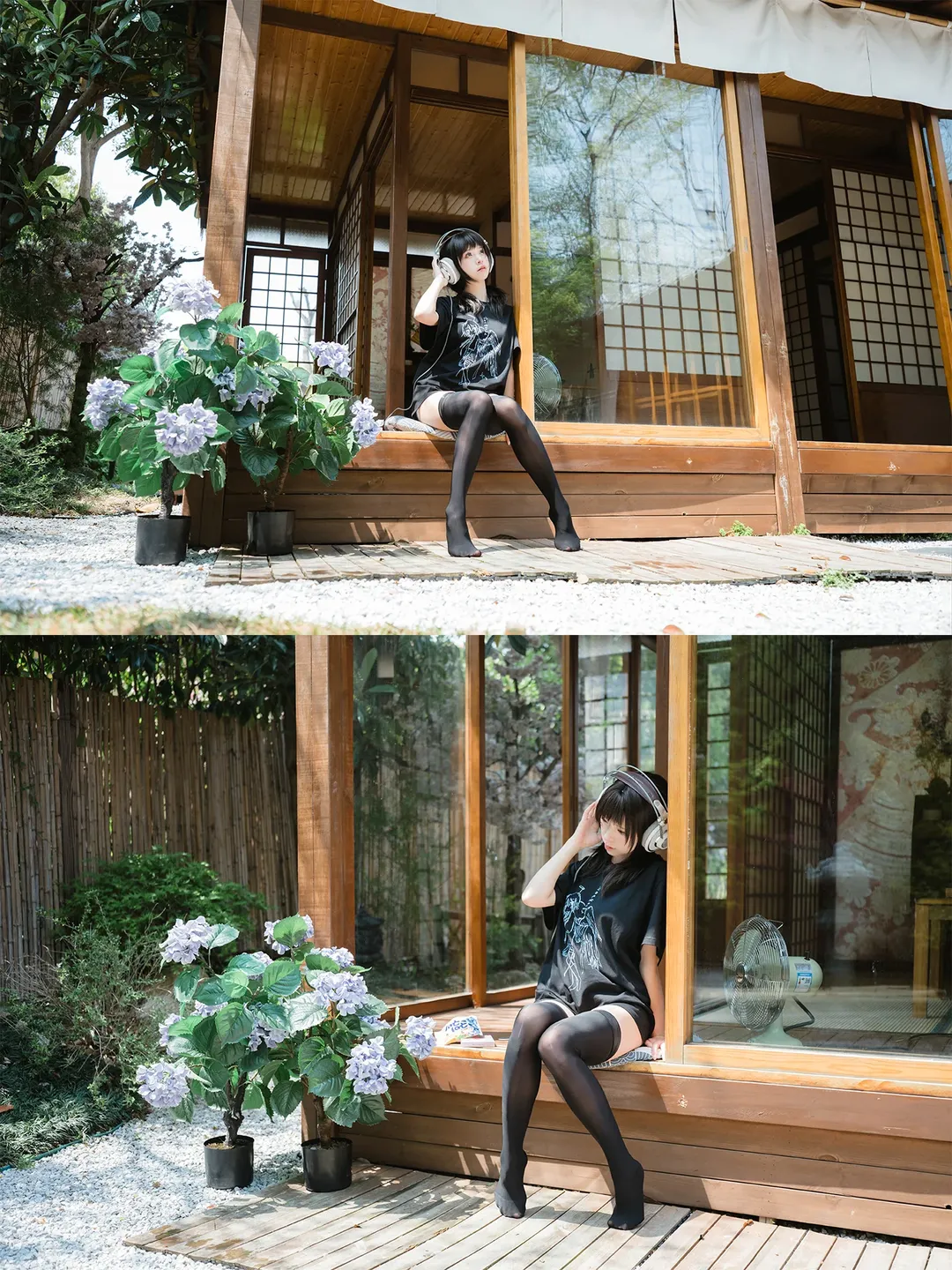 日系和风木屋里的黑T耳机少女 - 第 4 张