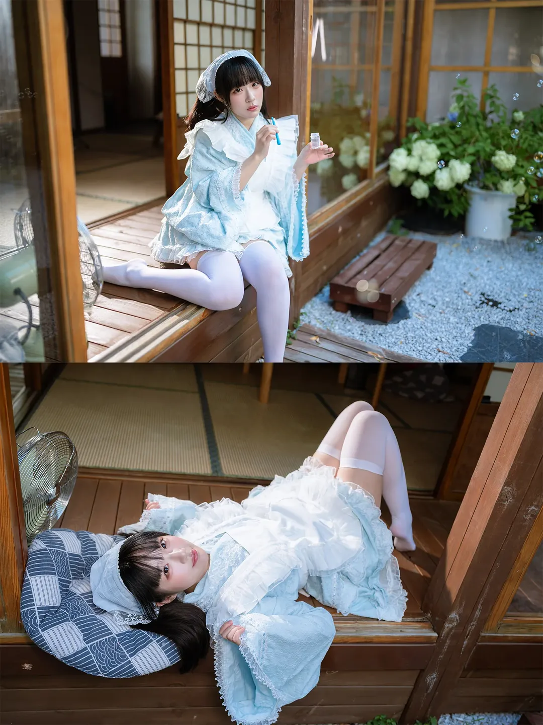 浅蓝蕾丝女仆装与复古场景的夏日碰撞 - 第 10 张