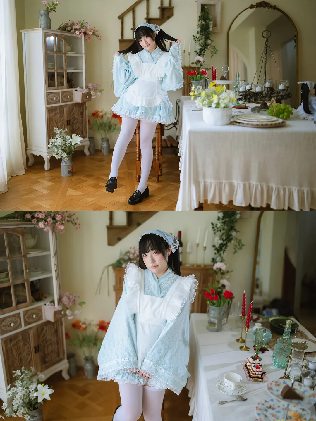 浅蓝蕾丝女仆装与复古场景的夏日碰撞 - 第 12 张
