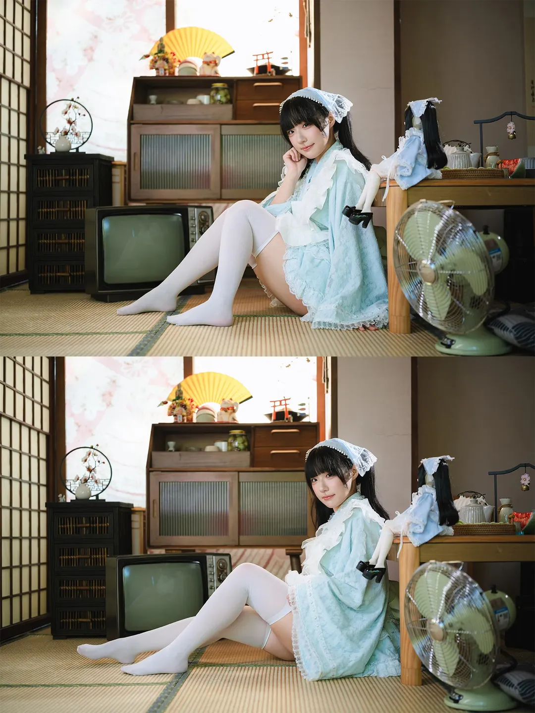 浅蓝蕾丝女仆装与复古场景的夏日碰撞 - 第 7 张
