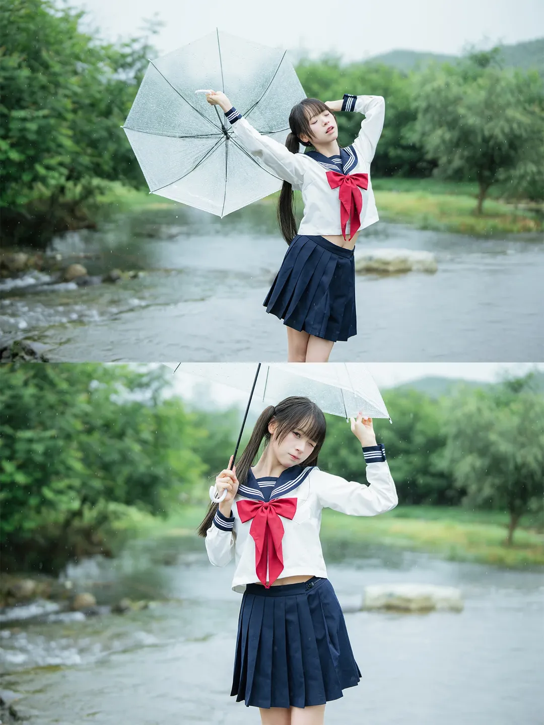 雨中的水手服：溪流與透明傘的外景拍攝 - 第 11 張