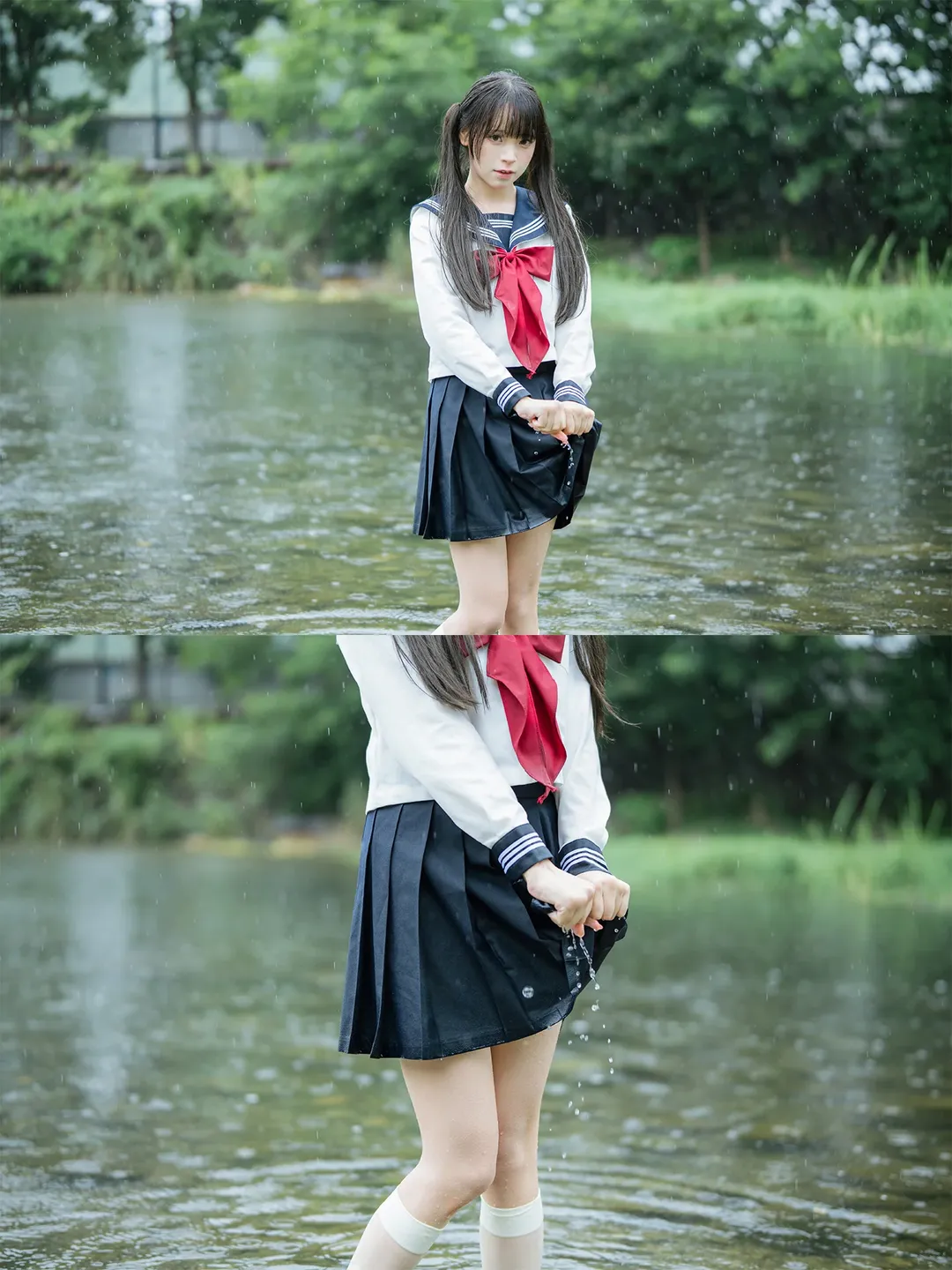 雨中的水手服：溪流與透明傘的外景拍攝 - 第 15 張