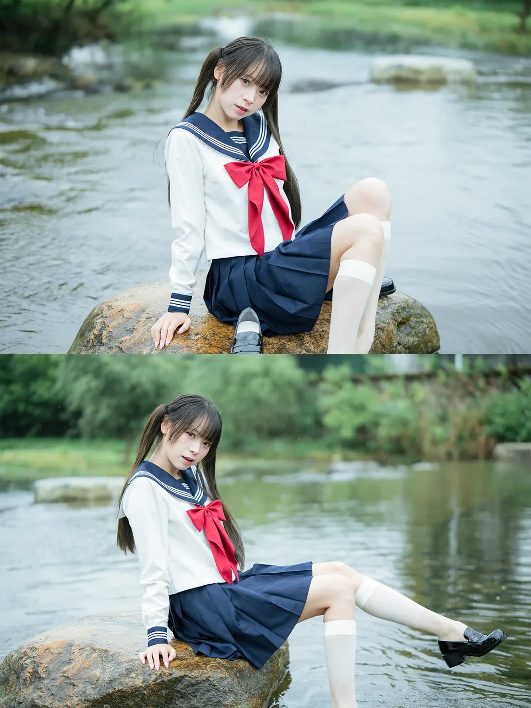 雨中的水手服：溪流與透明傘的外景拍攝 - 第 4 張