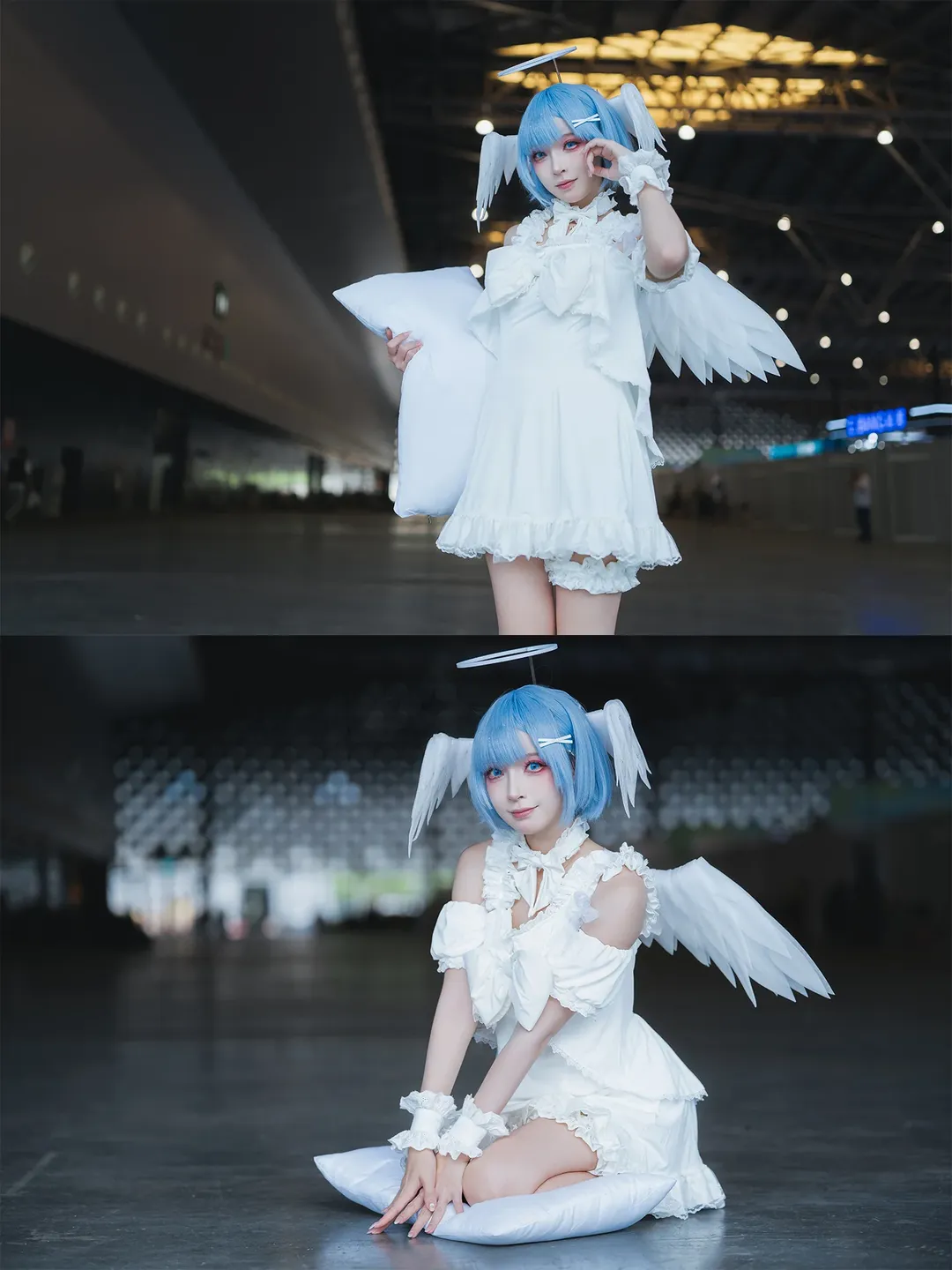 【雷姆cos】上海PI展大落地窗前，枕着光影的白裙蓝发少女 - 第 5 张