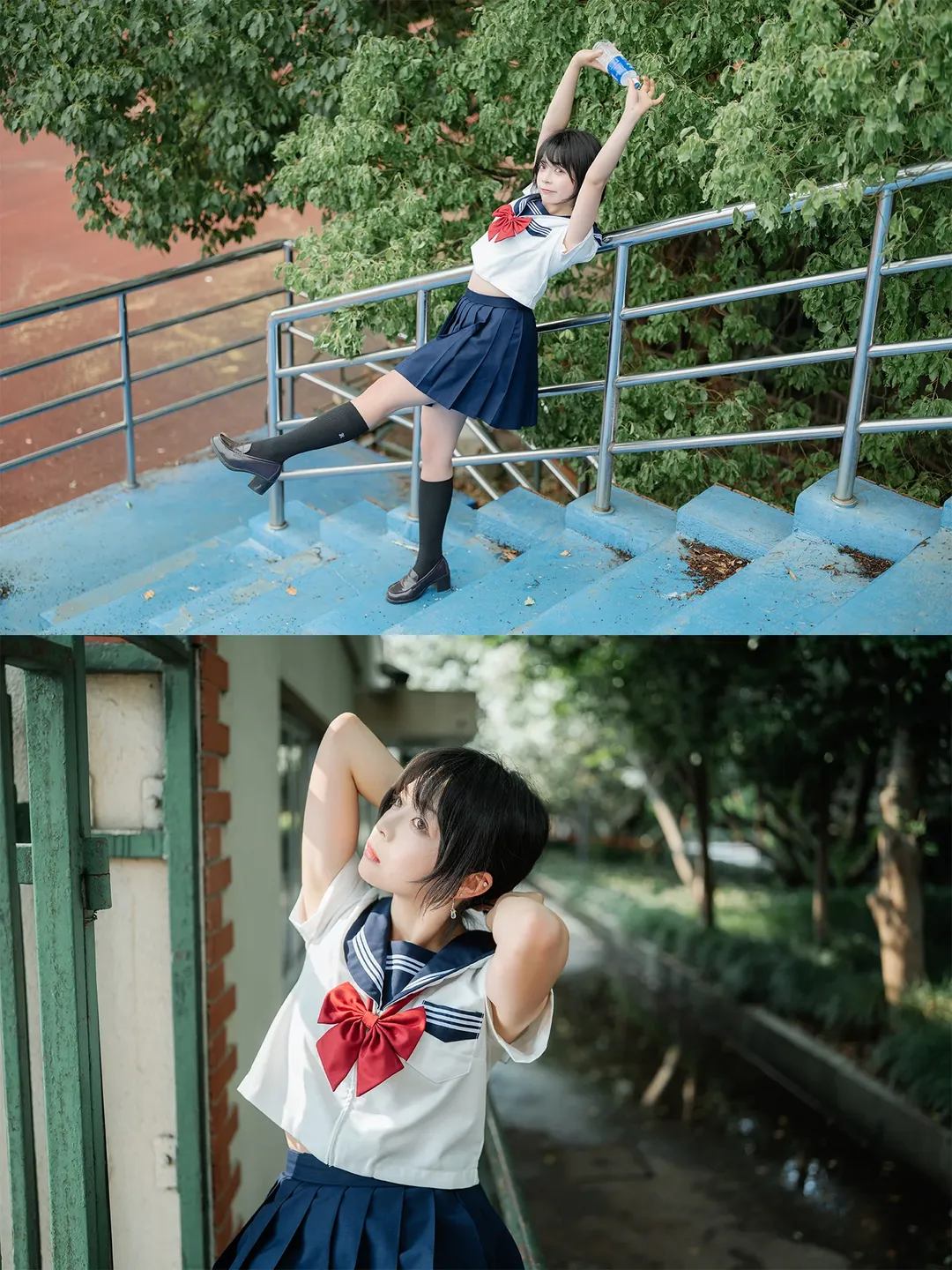 夏日水手服外拍记录：蓝色看台上的黑丝与琴盒 - 第 6 张
