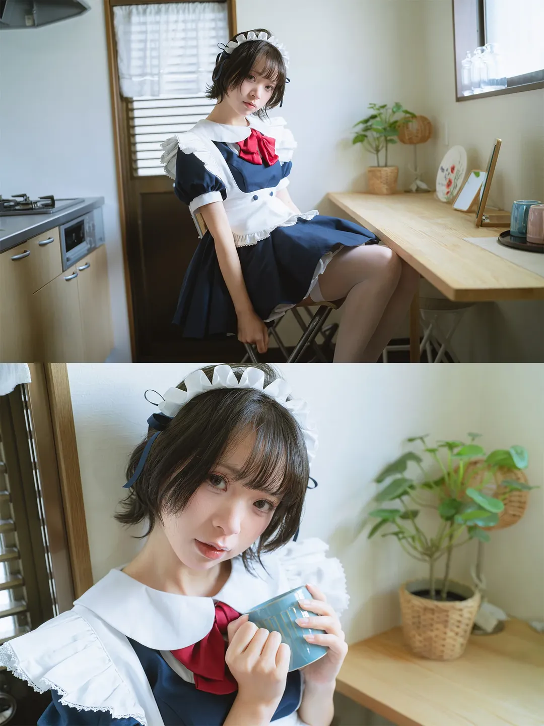 个人女仆装室内写真，搭配白丝与木桌的安静日常 - 第 4 张