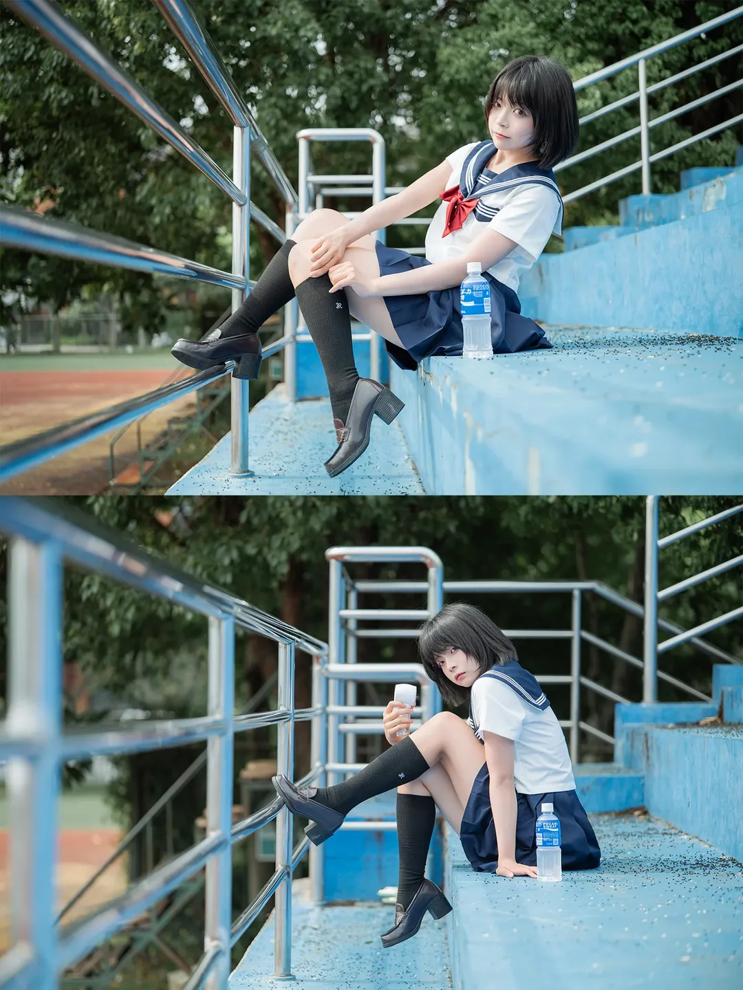 基础款水手服搭配黑色及膝袜，旧操场拍摄日系写真 - 第 15 张