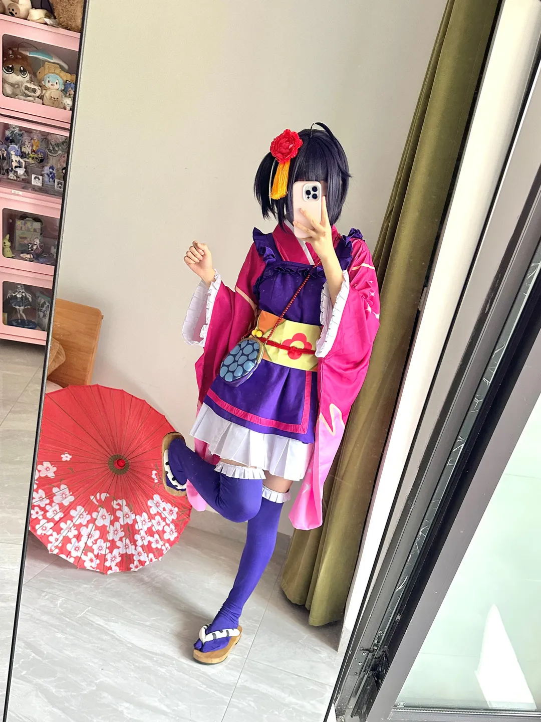 【小鸟游六花cos】紫粉和服搭配过膝长筒袜，居家自拍记录 - 第 2 张