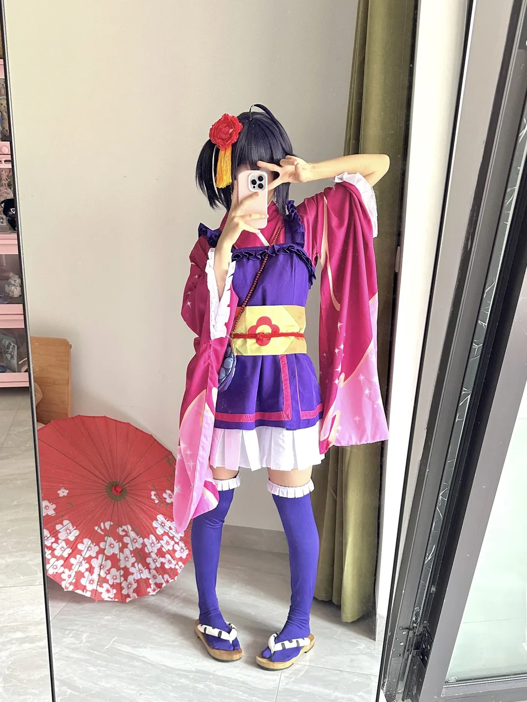 【小鸟游六花cos】紫粉和服搭配过膝长筒袜，居家自拍记录 - 第 3 张