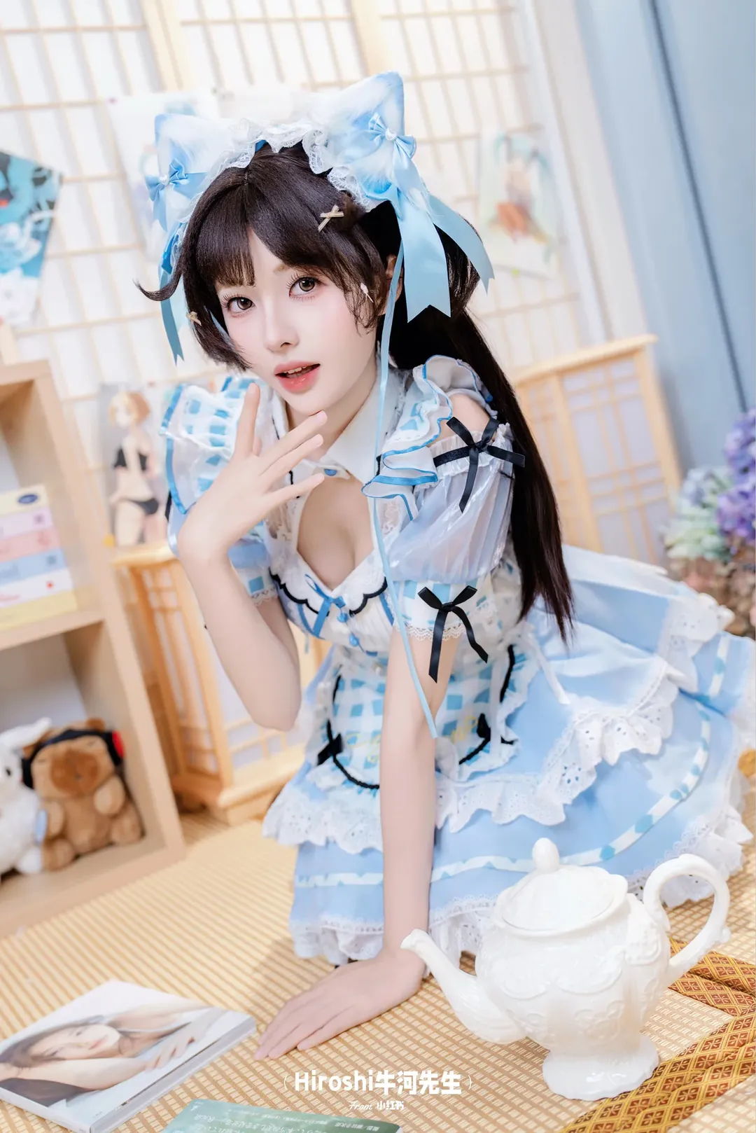蓝白格纹女仆装，吃小蛋糕开启的甜美下午茶 - 第 9 张
