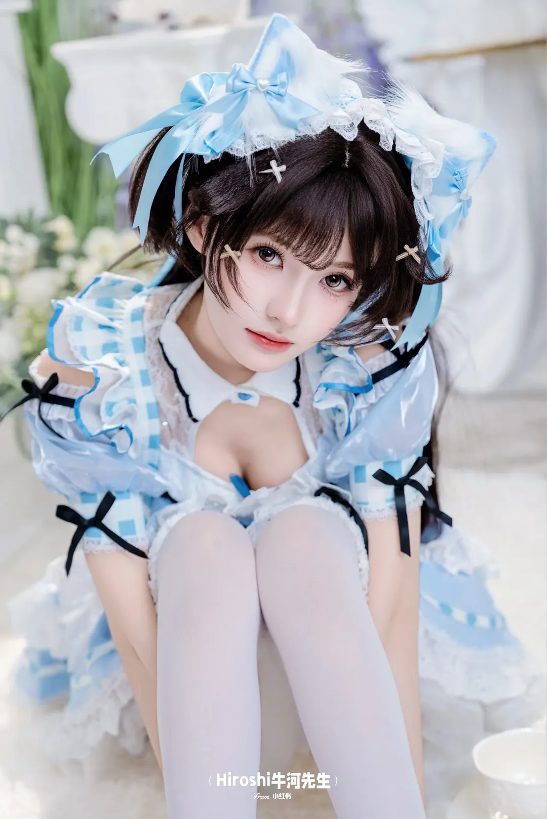 蓝白格纹猫耳女仆装，来自甜美二次元的实拍分享 - 第 9 张