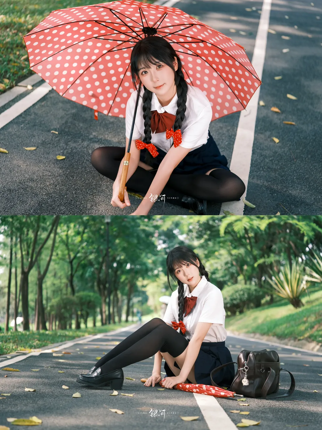 日系JK制服写真，红伞与黑丝的公园随拍 - 第 3 张