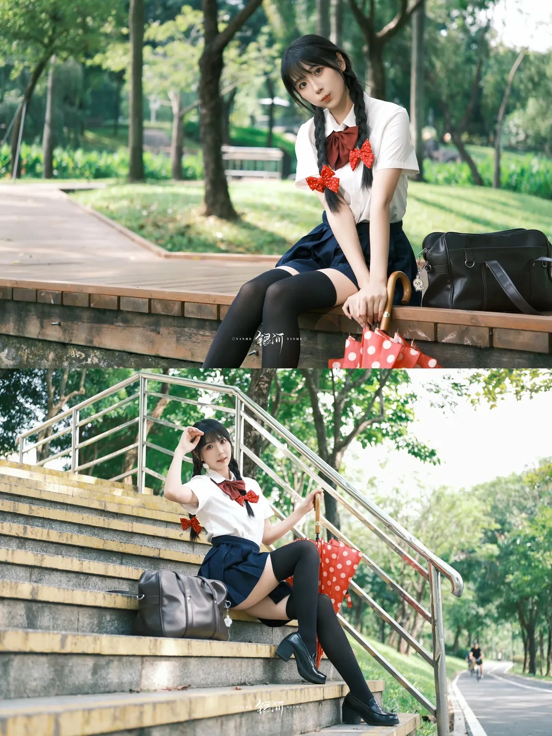 日系JK制服写真，红伞与黑丝的公园随拍 - 第 4 张