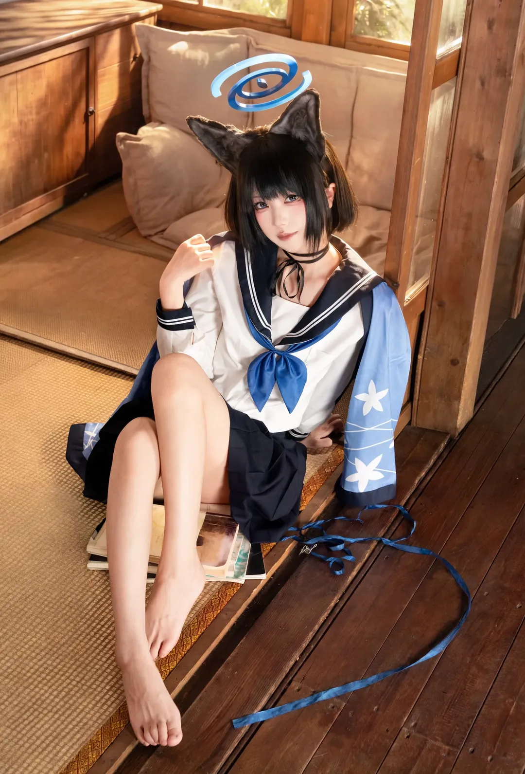 【桐生桔梗cos】碧蓝档案和风午后，水手服与兽耳的慵懒时光 - 第 1 张
