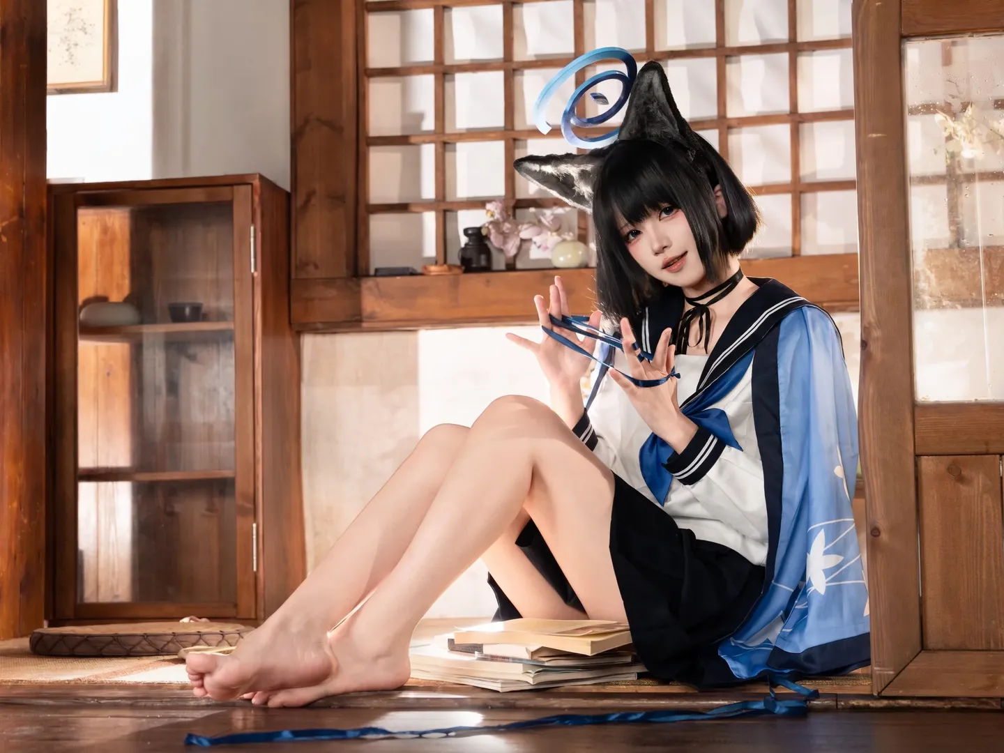 【桐生桔梗cos】碧蓝档案和风午后，水手服与兽耳的慵懒时光 - 第 3 张