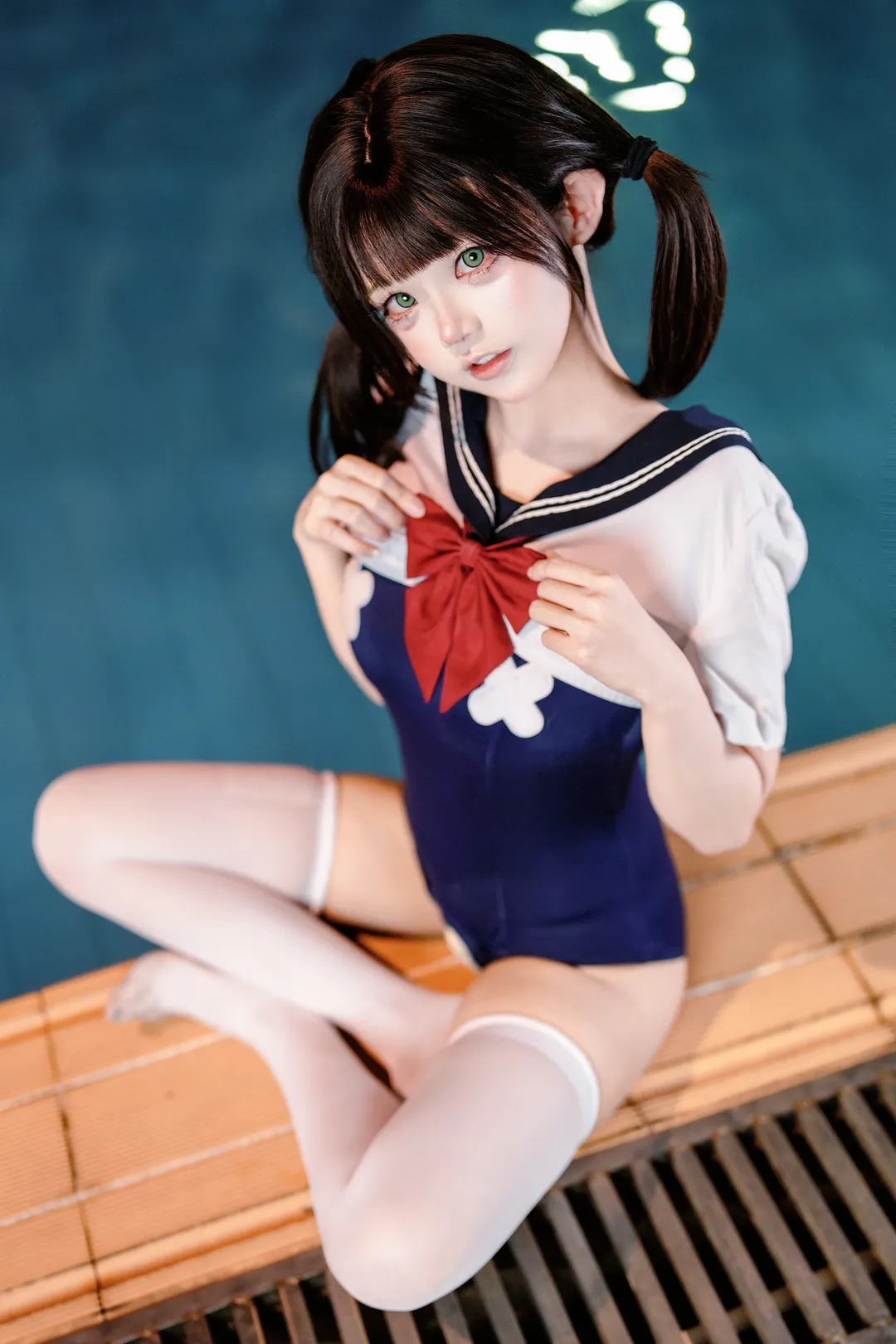 夜晚泳池边的水手服JK水着写真记录 - 第 2 张