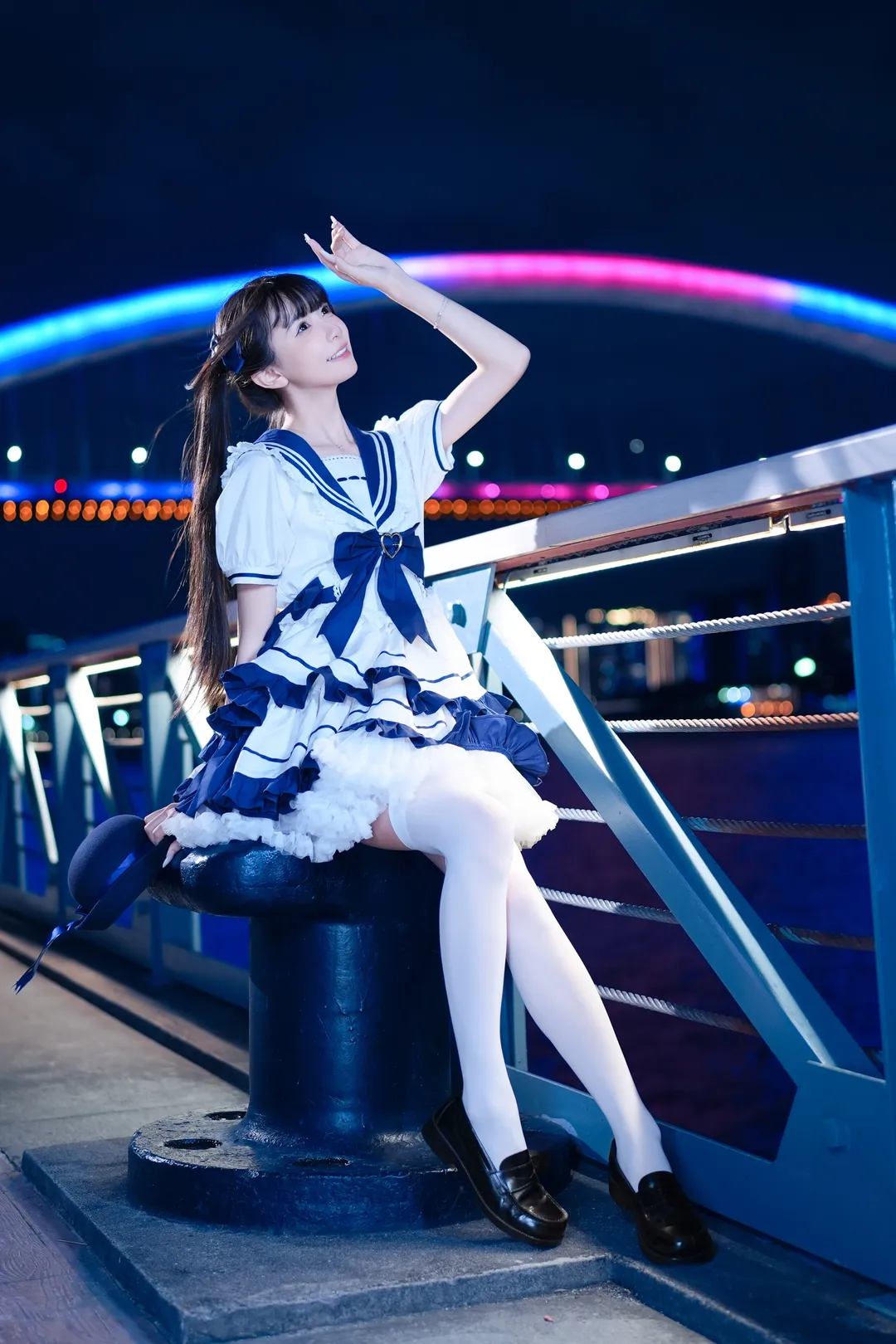 海军风Lolita夜拍魔都，蓝白配色打破次元壁 - 第 1 张