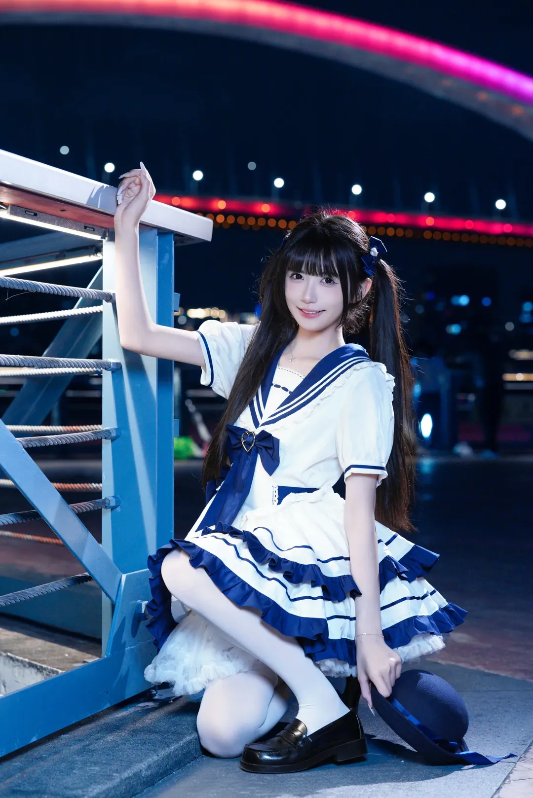 海军风Lolita夜拍魔都，蓝白配色打破次元壁 - 第 3 张
