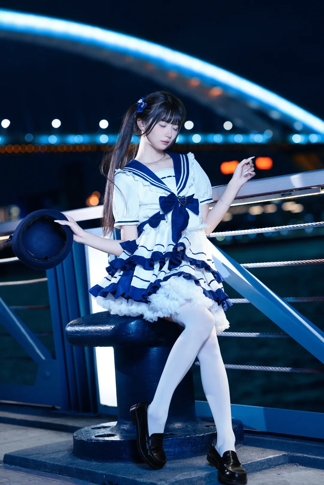 海军风Lolita夜拍魔都，蓝白配色打破次元壁 - 第 4 张