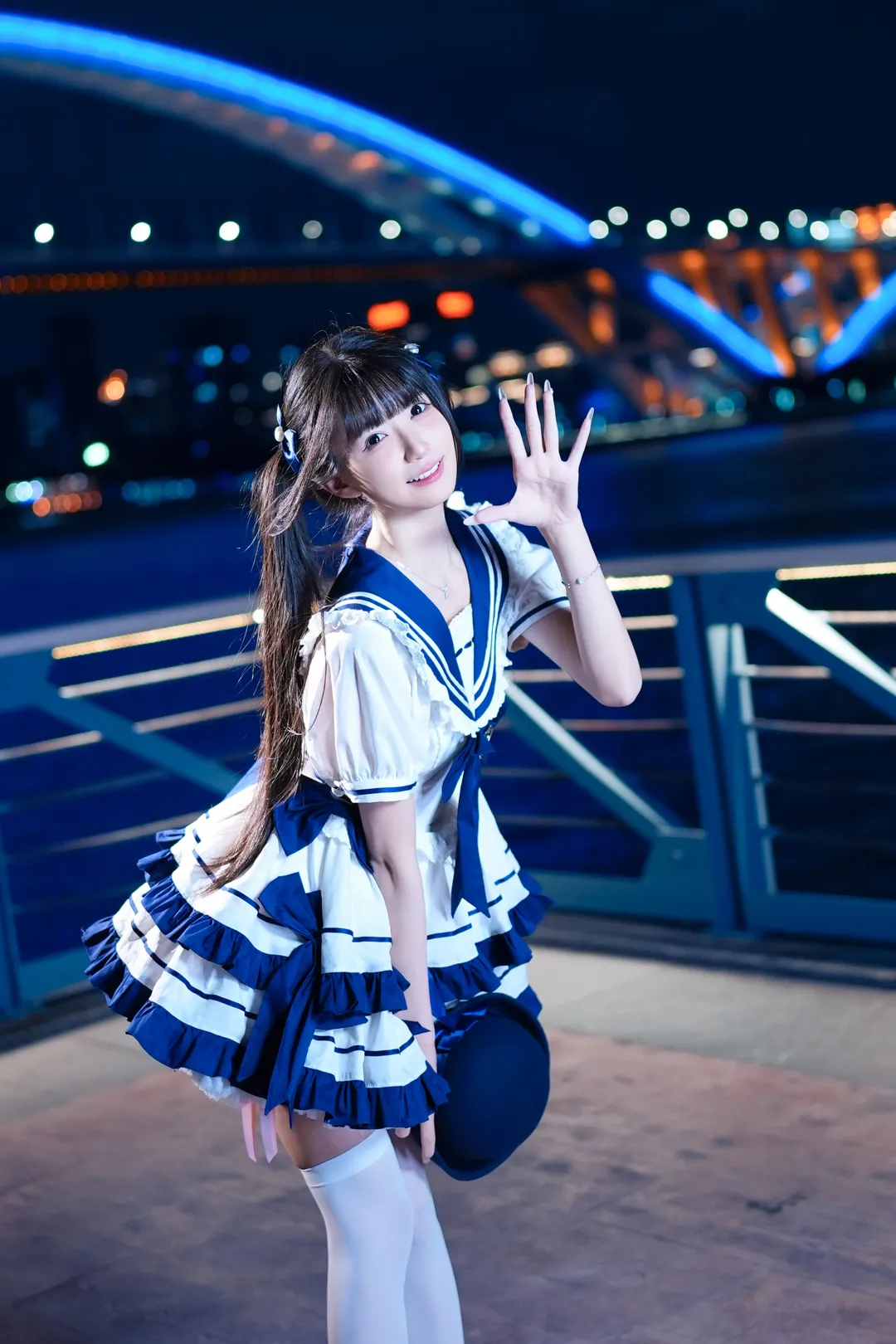 海军风Lolita夜拍魔都，蓝白配色打破次元壁