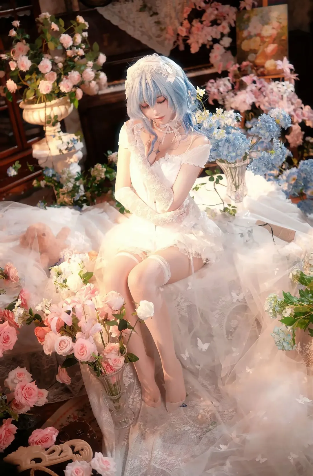 蓝发少女的花房白纱梦境 蕾丝婚纱私设写真 - 第 3 张
